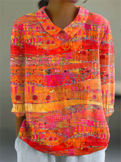Women's Vintage Art Print Casual Cotton And Linen 3/4 Sleeve Shirt
