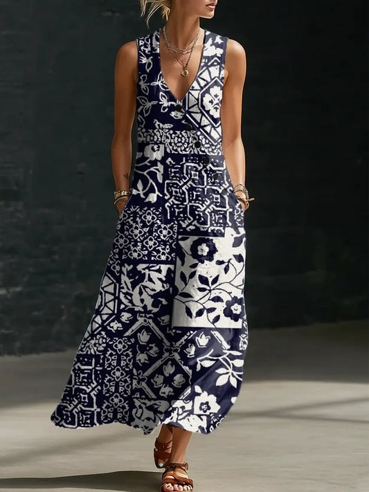 Women's Floral Pattern Art Print Casual Cotton Linen Dress