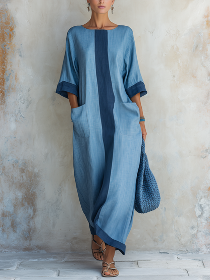 Light Blue Tencel Denim Colorblock Oversized Maxi Dress