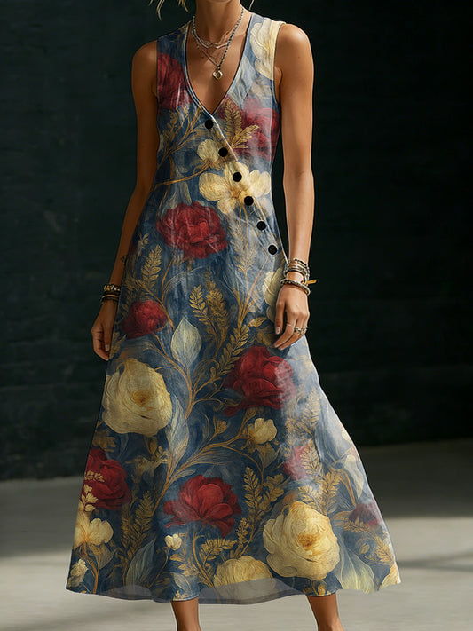 Women's Vintage Elegant Floral Decorative Pattern Minimalist And Cozy Button-up Dress