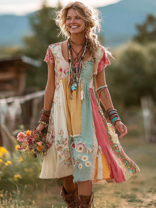 Women's Floral Color Block Round Neck Short Sleeve Dress