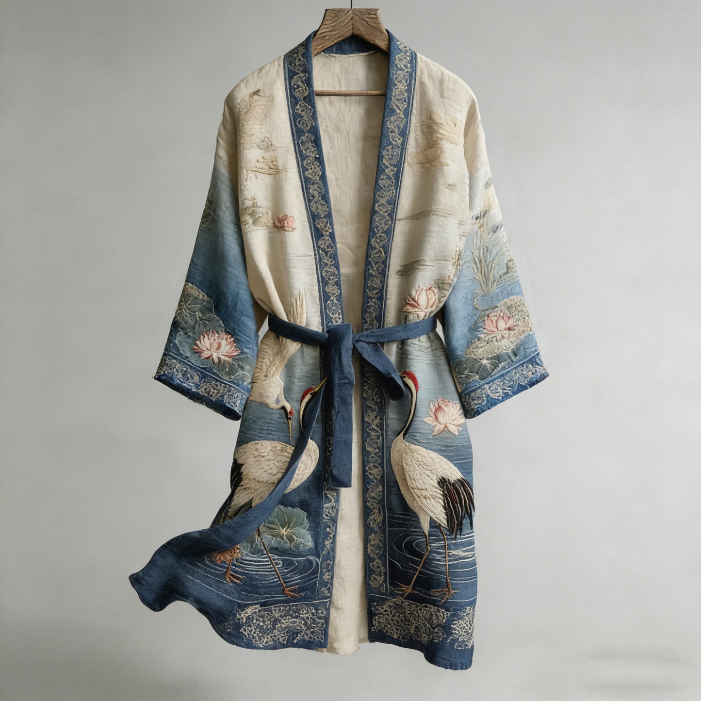 Retro Japanese Crane And Lotus Art Linen Blend Long Kimono