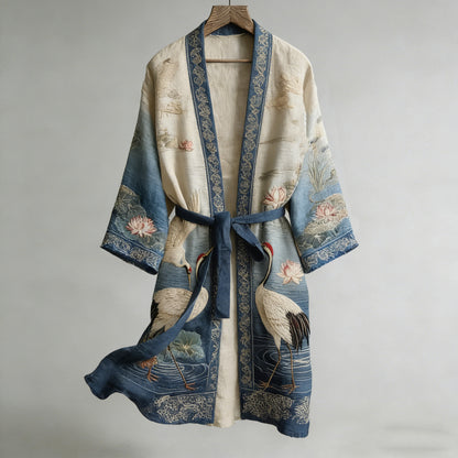 Retro Japanese Crane And Lotus Art Linen Blend Long Kimono