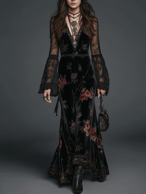 Vintage Black Velvet Floral Lace Sleeve Maxi Dress