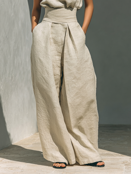 Elegant stand-collar shirt and wide-leg pants two-piece set