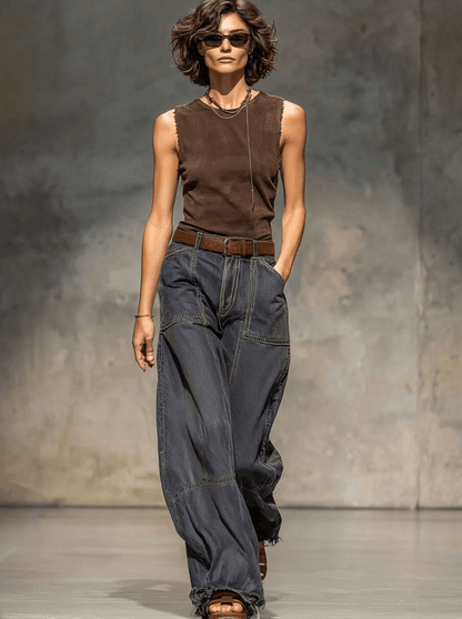 Relaxed Loose Vintage Raw Edge Dark Grey Wide Leg Jeans