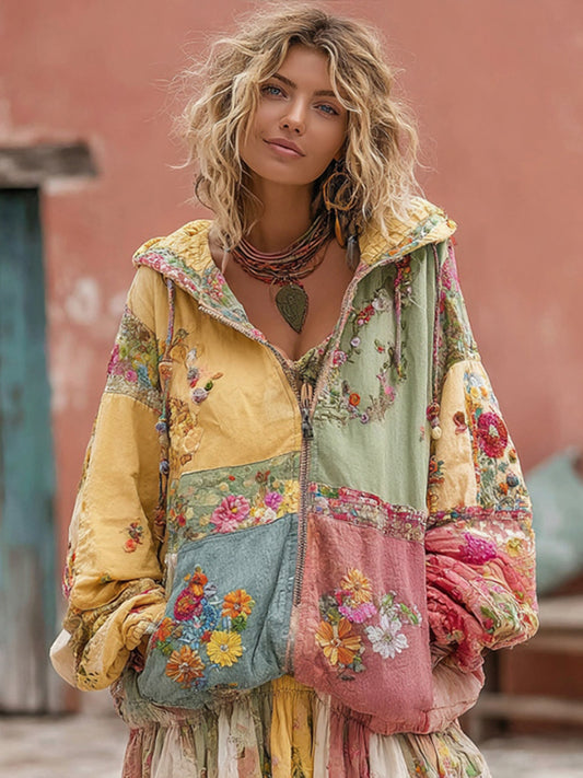 Women's Flower Embroidery Macaroon Color Patchwork Art Casual Zipper Hoodie
