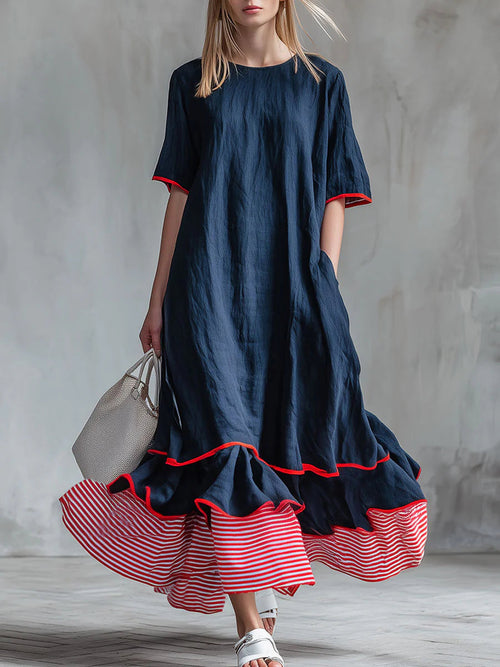 Women’s Patchwork Striped Midi Dress – Casual Red Summer Dress