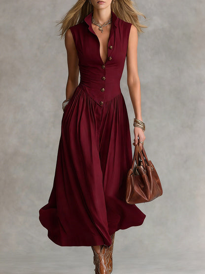 Women's Solid Color Collared Sleeveless Casual Loose Cotton Linen Dress