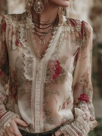 Vintage Romantic Lace-Trim Floral Chiffon Blouse