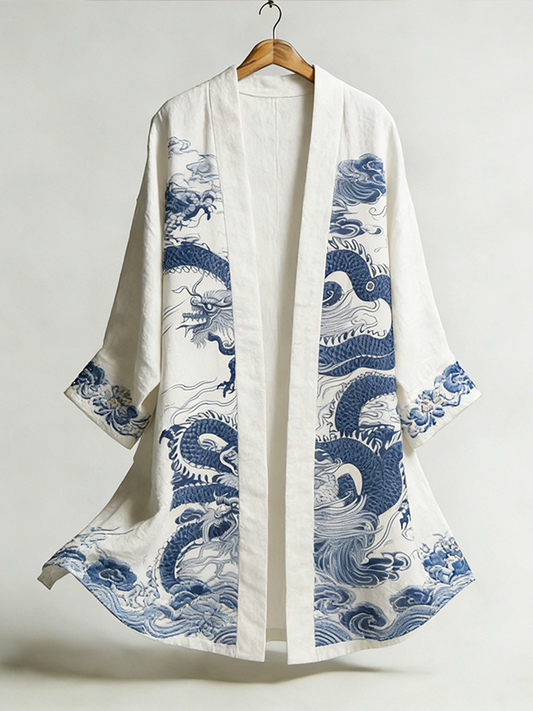 Japanese Art Dragon Pattern Retro Casual Linen Long Kimono