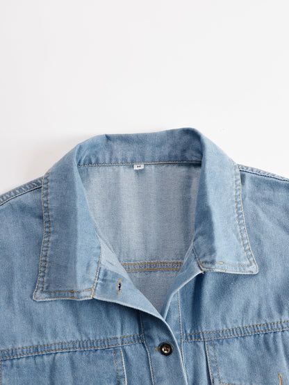 Casual Loose Vintage Denim Short Sleeve Shirt Tassel Mini Dress