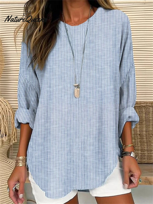 Women's Retro Striped Design Loose Long Sleeve Crew Neck Top