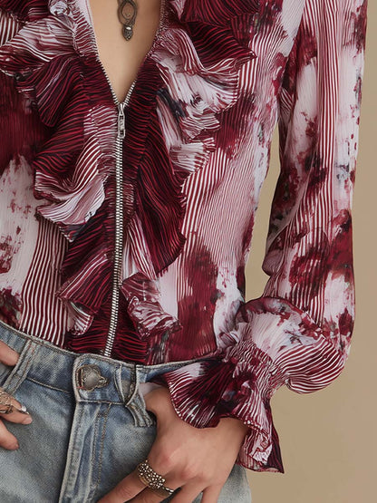 Vintage Wine Floral Ruffle Zip-Front Chiffon Blouse