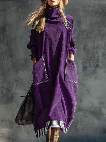Women's Solid Color High Neck Long Sleeve Casual Loose Pocket Dress