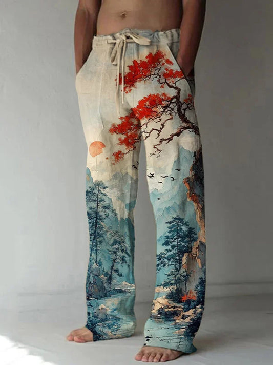 Men's Natural Scenery Sunrise And Sunset Watercolor Art Print Casual Pants