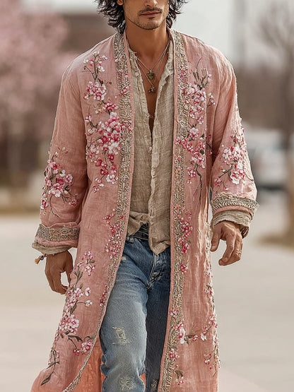 Men's Japanese Cherry Blossom Pattern Linen Blend Long Kimono