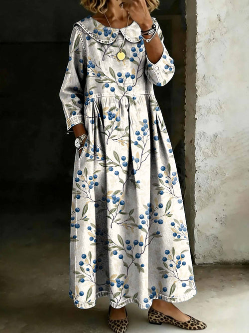 Women's Vintage Blueberries Art Print Lapel Collar Pleated Long Sleeve Casual Loose Denim Dress