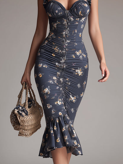 Retro Floral Shirred Fishtail Midi Dress
