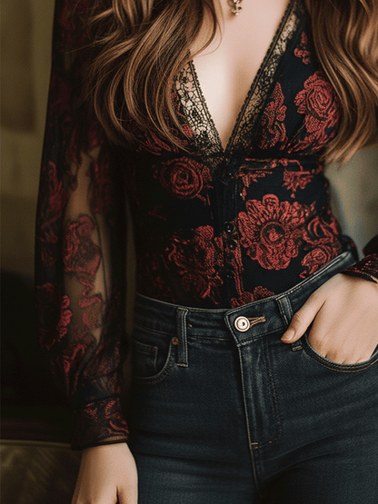 Vintage Rose Floral Lace Sheer Long-Sleeve Blouse