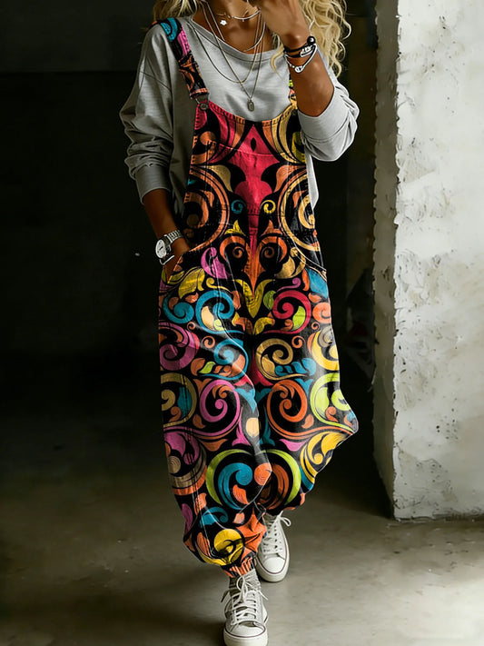 Women’s Vintage Multicolor Ethnic Art Print Casual One Piece Denim Jumpsuit