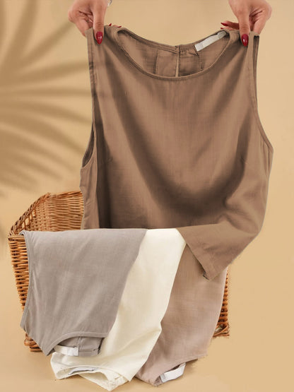 Women's Solid Color Round Neck Sleeveless Casual Linen Vest Top
