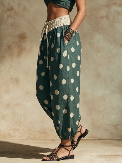 Teal Polka Dot High-Waisted Harem Pants With Drawstring Waist