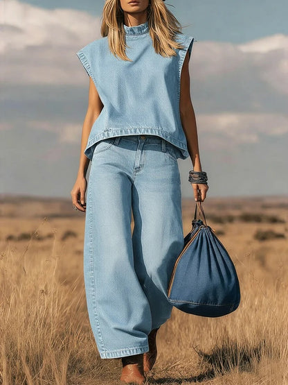 Women's Stand-collar Sleeveless Casual Loose Top And High-waisted Loose Wide-leg Denim Pants Set.