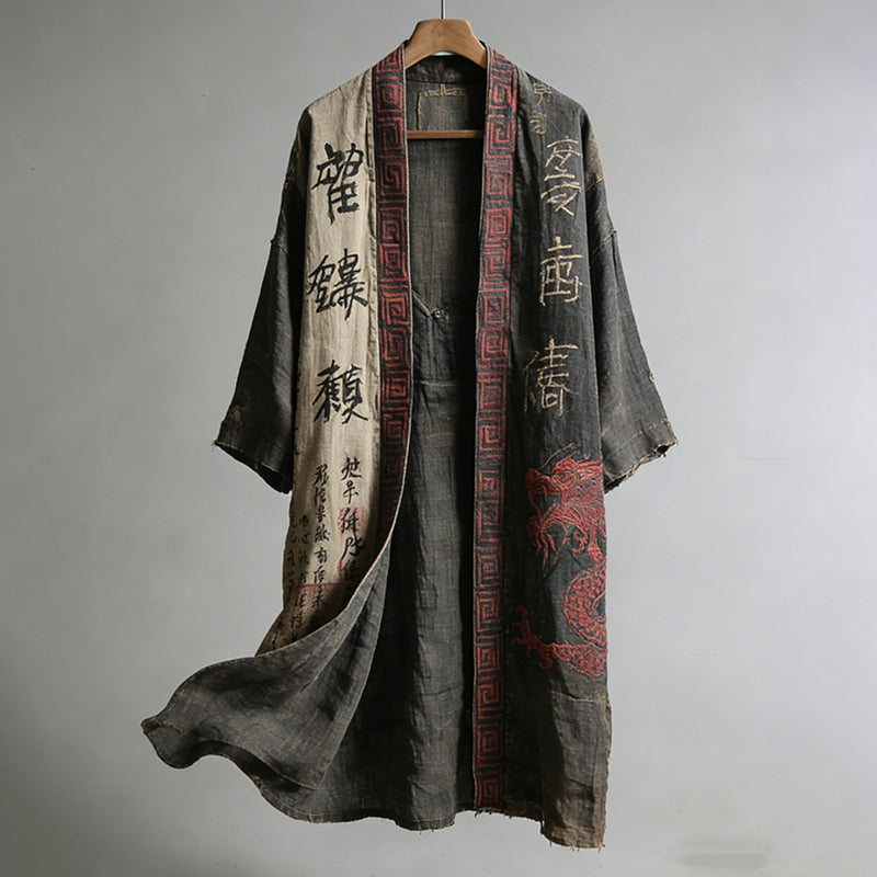 Men's Japanese Dragon Pattern Calligraphy And Painting Art Linen Long Kimono