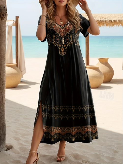 Women Floral Crew Neck Short Sleeve Comfy Casual Printing Maxi Dress