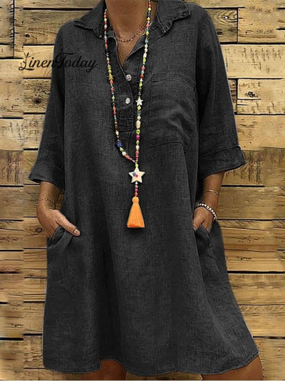 Ladies Plus Size 3/4 Sleeve Shirt Collar Casual Dress