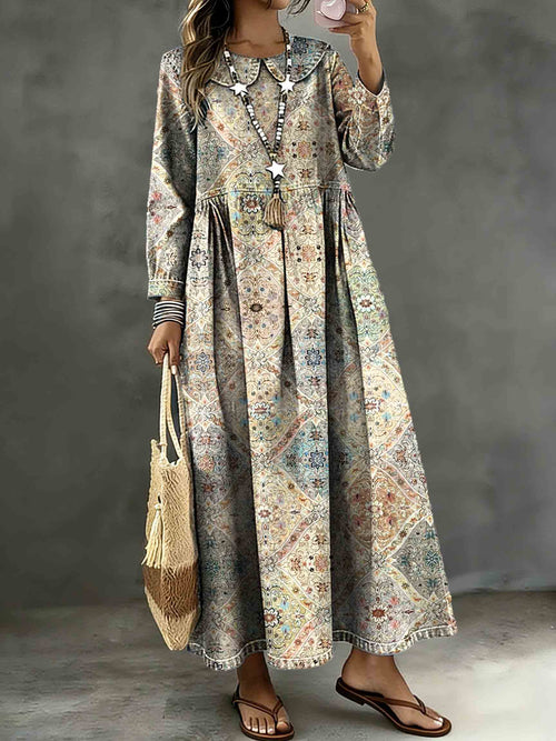 Women's Vintage Ethnic Geometric Patterns Art Print Lapel Collar Pleated Long Sleeve Casual Loose Denim Dress