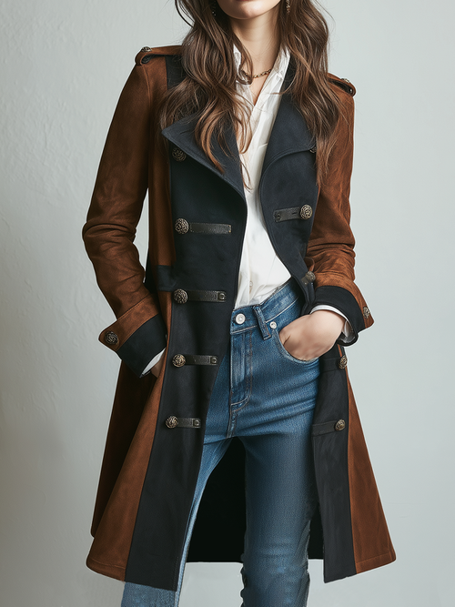 Retro Contrast Color Military Style Eco-friendly Suede Coat