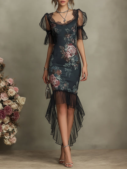 Vintage Floral Satin  Maxi Dress With Chiffon Fishtail Hem