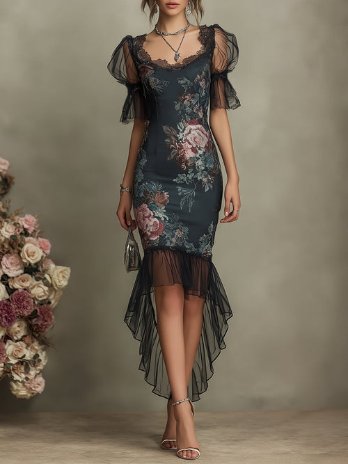 Vintage Floral Satin  Maxi Dress With Chiffon Fishtail Hem