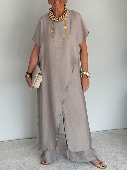 Women's Cozy Loose Fit Asymmetrical Two-Piece Set - Casual Retro Cotton Blend Outfit