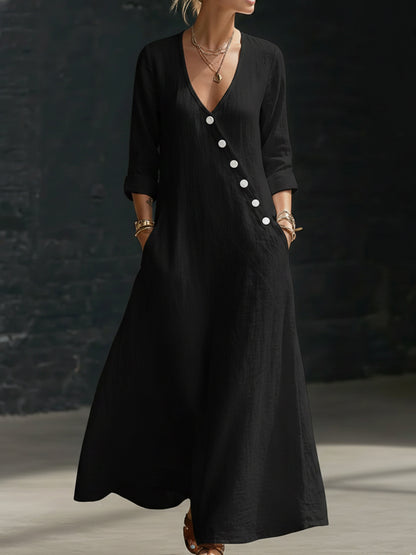 Minimalist Button-up V-neck Linen Dress