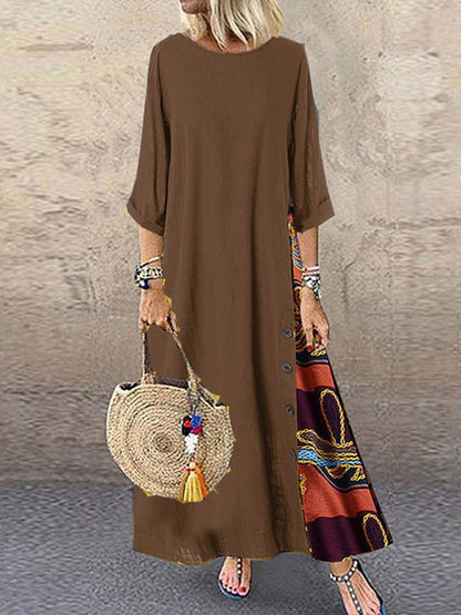 Women's Retro Floral Contrast Button Patchwork Cotton And Linen Casual Dress