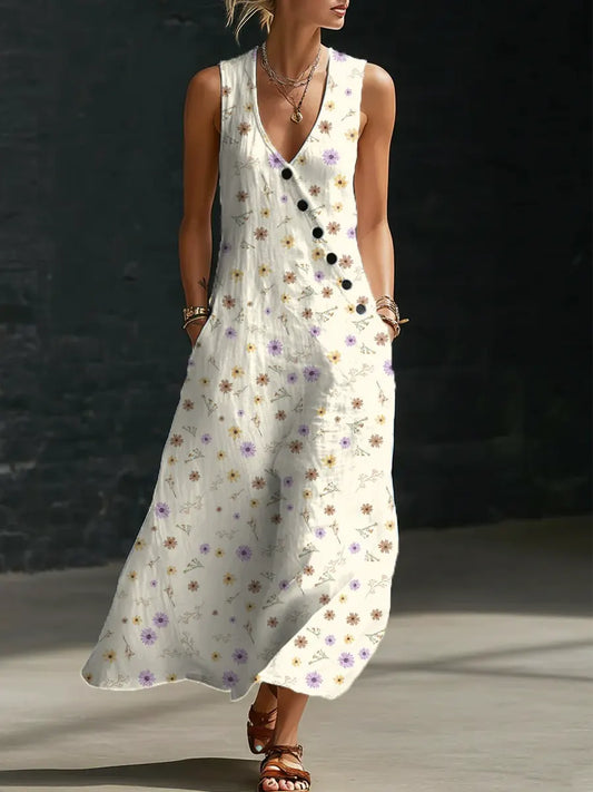 Women's Floral Pattern Art Print Casual Cotton Linen Dress