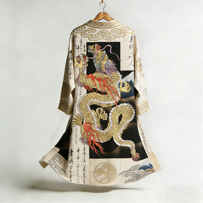 Japanese Calligraphy Dragon Art Combined In A Linen Blend Kimono