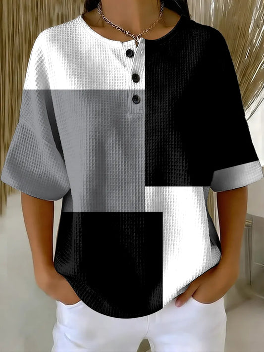Women's Geometric Pattern Art Print Casual Waffle Cotton Shirt