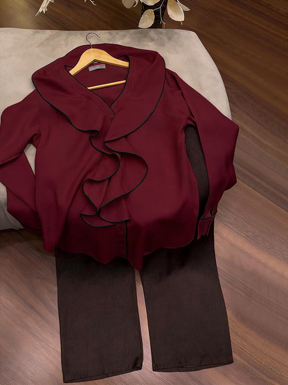 Women's V-neck Long-sleeve Loose-fit Top & Elastic-waist Wide-leg Pants Set