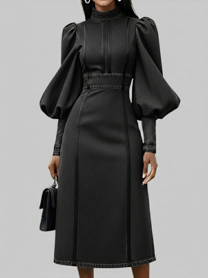Fashionable Patchwork Leather Lantern Sleeve Denim Dress