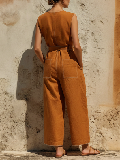 Rust Orange Washed Cotton Sleeveless Belted Wide Leg Jumpsuit