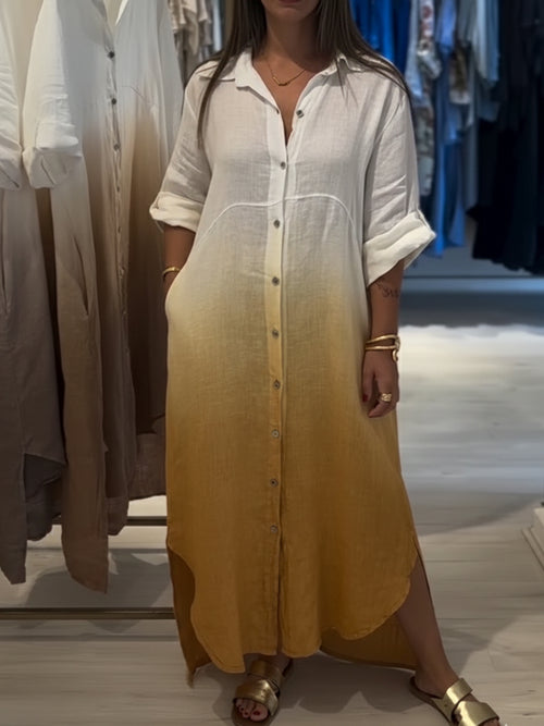 Casual Gradient Color Linen And Cotton Shirt Dress