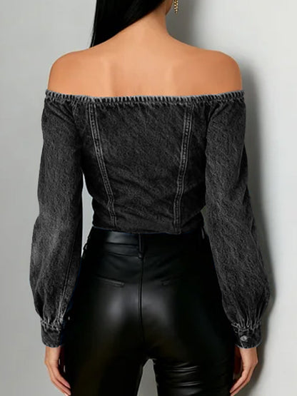 Women's Off-the-shoulder Long-sleeved Loose-fitting Denim Top