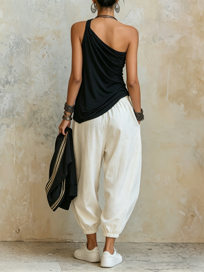 Asymmetrical Ruched One-Shoulder Top & Harem Pants Two-Piece Set