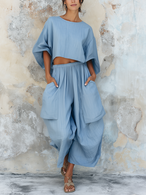 Light Blue Cotton Linen Two Piece Set - Loose Crop Top & Wide Leg Pants
