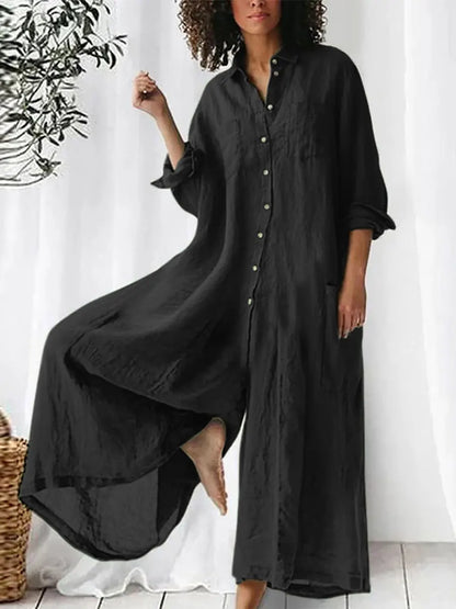 Women's Solid Color Art Casual Long Sleeve Cotton Linen Jumpsuit