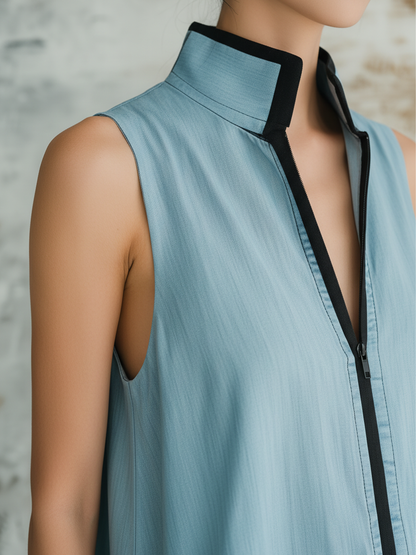 Dusty Blue Linen Blend Sleeveless Maxi Dress